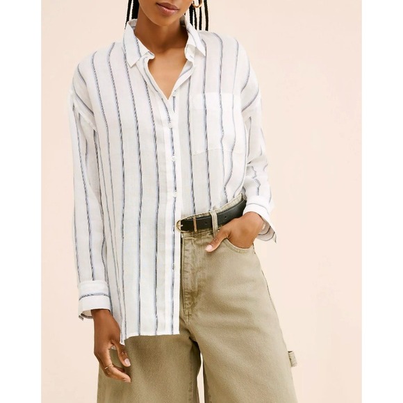 Madewell Womens XL White Blue Striped 100% Ramie Button Down Oversized Shirt - Picture 2 of 10
